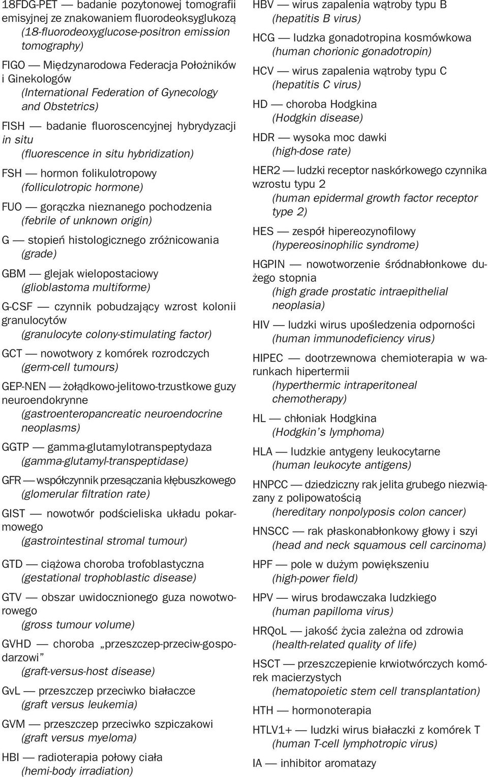 FUO gorączka nieznanego pochodzenia (febrile of unknown origin) G stopień histologicznego zróżnicowania (grade) GBM glejak wielopostaciowy (glioblastoma multiforme) G CSF czynnik pobudzający wzrost