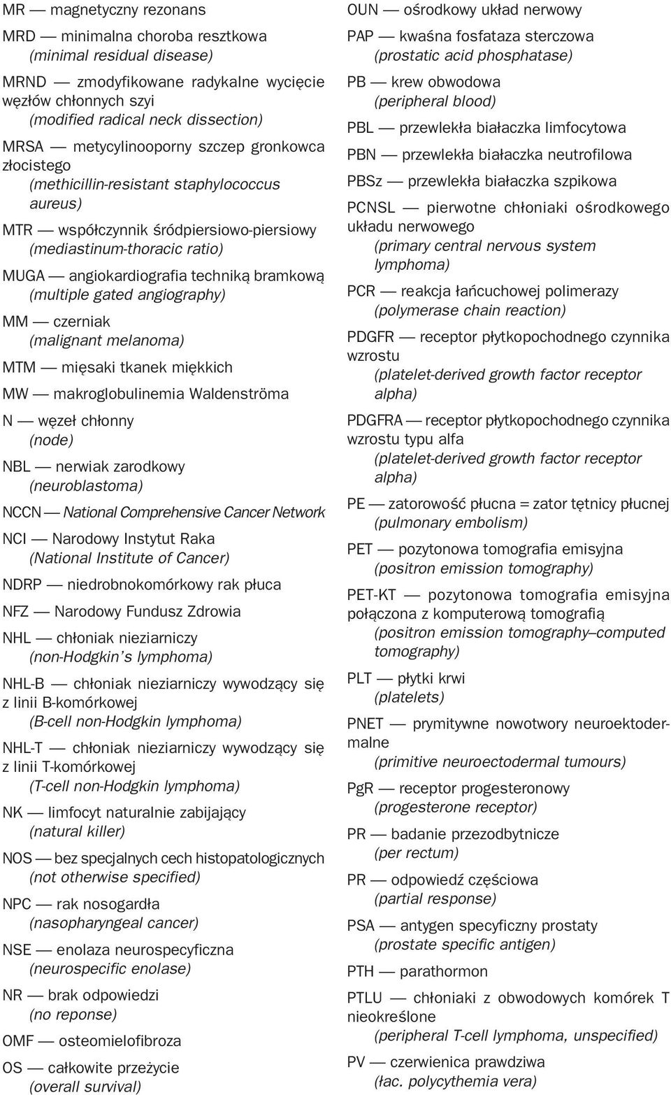 gated angiography) MM czerniak (malignant melanoma) MTM mięsaki tkanek miękkich MW makroglobulinemia Waldenströma N węzeł chłonny (node) NBL nerwiak zarodkowy (neuroblastoma) NCCN National