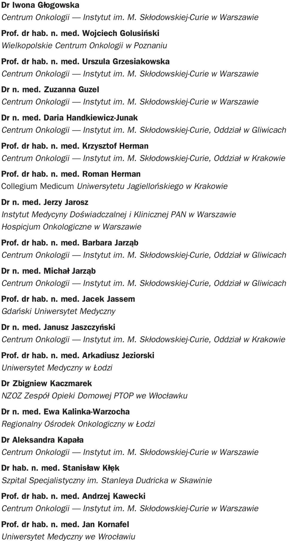 med. Jerzy Jarosz Instytut Medycyny Doświadczalnej i Klinicznej PAN w Warszawie Hospicjum Onkologiczne w Warszawie Prof. dr hab. n. med. Barbara Jarząb Centrum Onkologii Instytut im. M. Skłodowskiej-Curie, Oddział w Gliwicach Dr n.