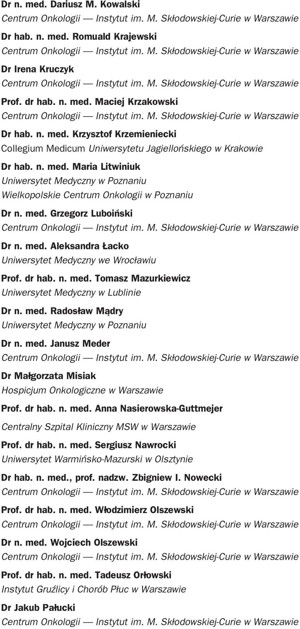 dr hab. n. med. Tomasz Mazurkiewicz Uniwersytet Medyczny w Lublinie Dr n. med. Radosław Mądry Uniwersytet Medyczny w Poznaniu Dr n. med. Janusz Meder Dr Małgorzata Misiak Hospicjum Onkologiczne w Warszawie Prof.