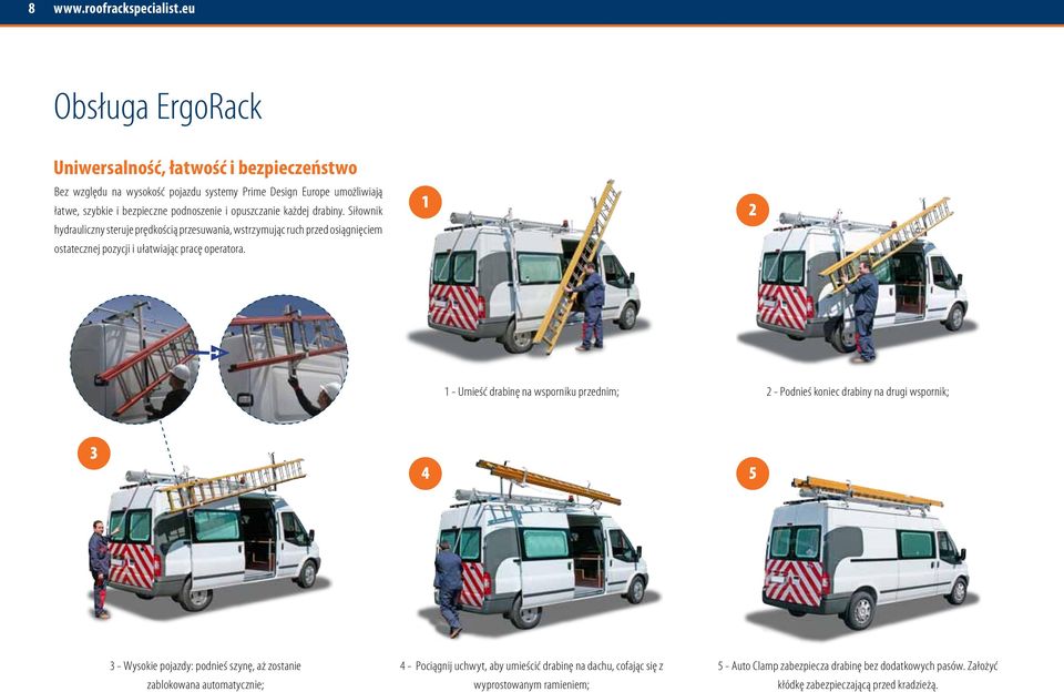 1 2 1 - Umieść drabinę na wsporniku przednim; 2 - Podnieś koniec drabiny na drugi wspornik; 3 4 5 3 - Wysokie pojazdy: podnieś szynę, aż zostanie zablokowana automatycznie; 4 -