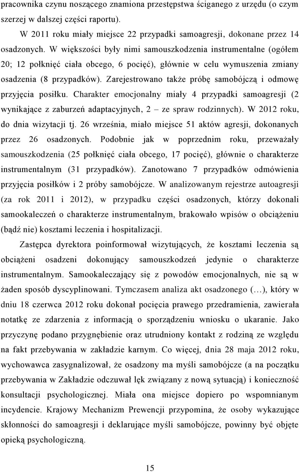 Zarejestrowano także próbę samobójczą i odmowę przyjęcia posiłku. Charakter emocjonalny miały 4 przypadki samoagresji (2 wynikające z zaburzeń adaptacyjnych, 2 ze spraw rodzinnych).