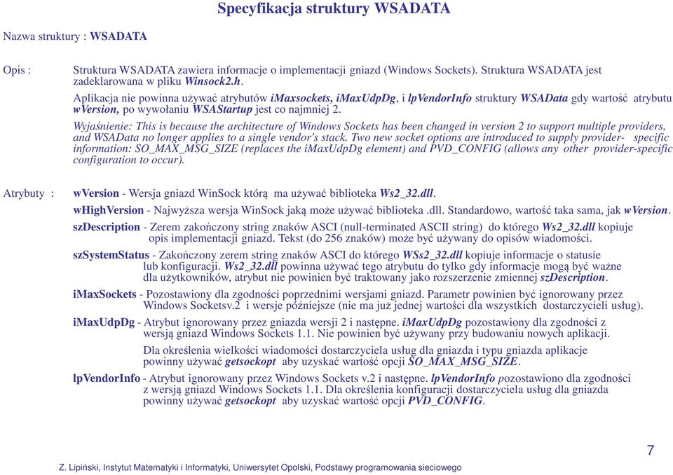 Aplikacja nie powinna używać atrybutów imaxsockets, imaxudpdg, i lpvendorinfo struktury WSAData gdy wartość atrybutu wversion, po wywołaniu WSAStartup jest co najmniej 2.