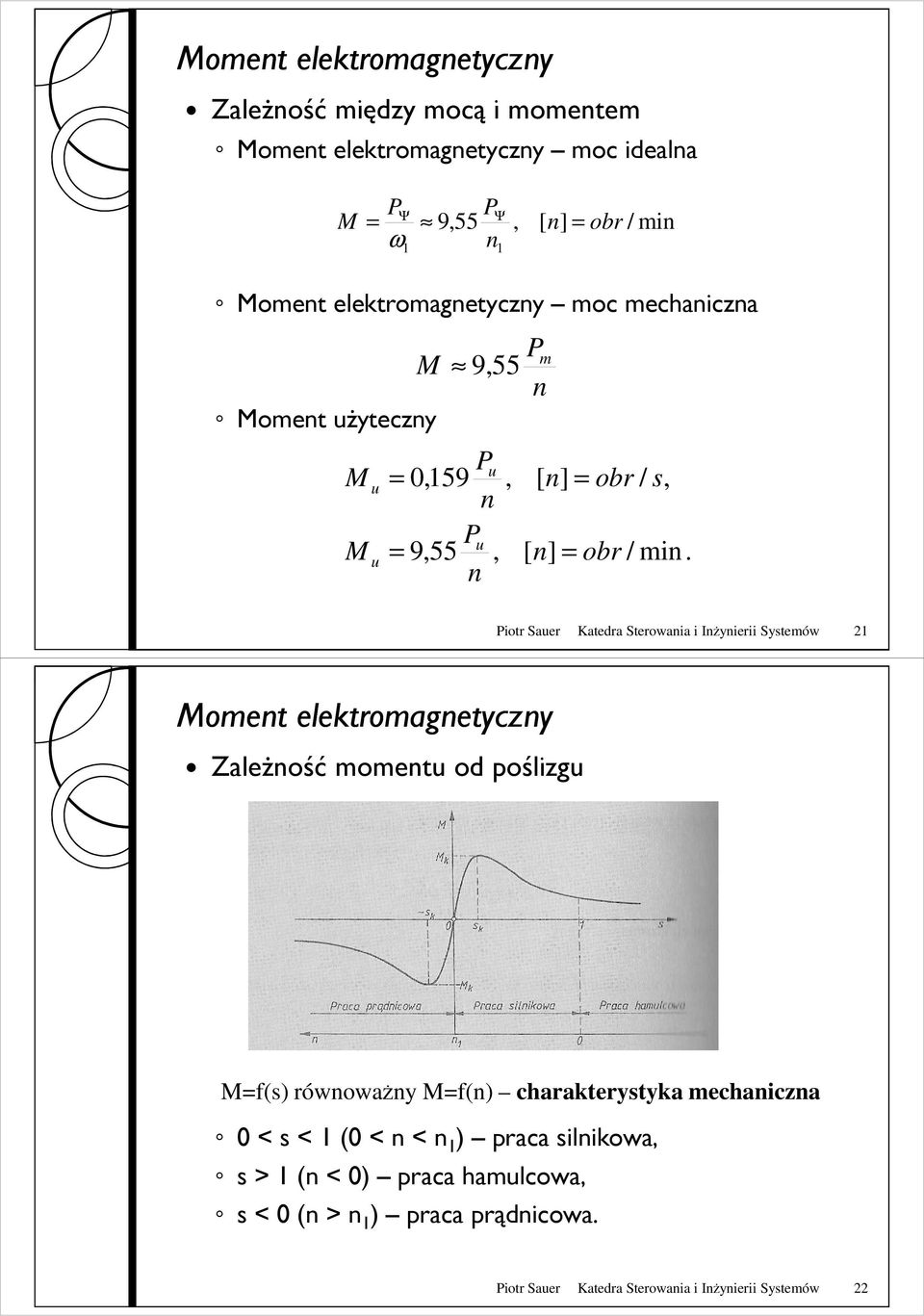 iotr Sauer Katedra Sterowania i Inżynierii Systemów 21 Moment elektromagnetyczny ZaleŜność momentu od poślizgu Mf(s) równoważny Mf(n)