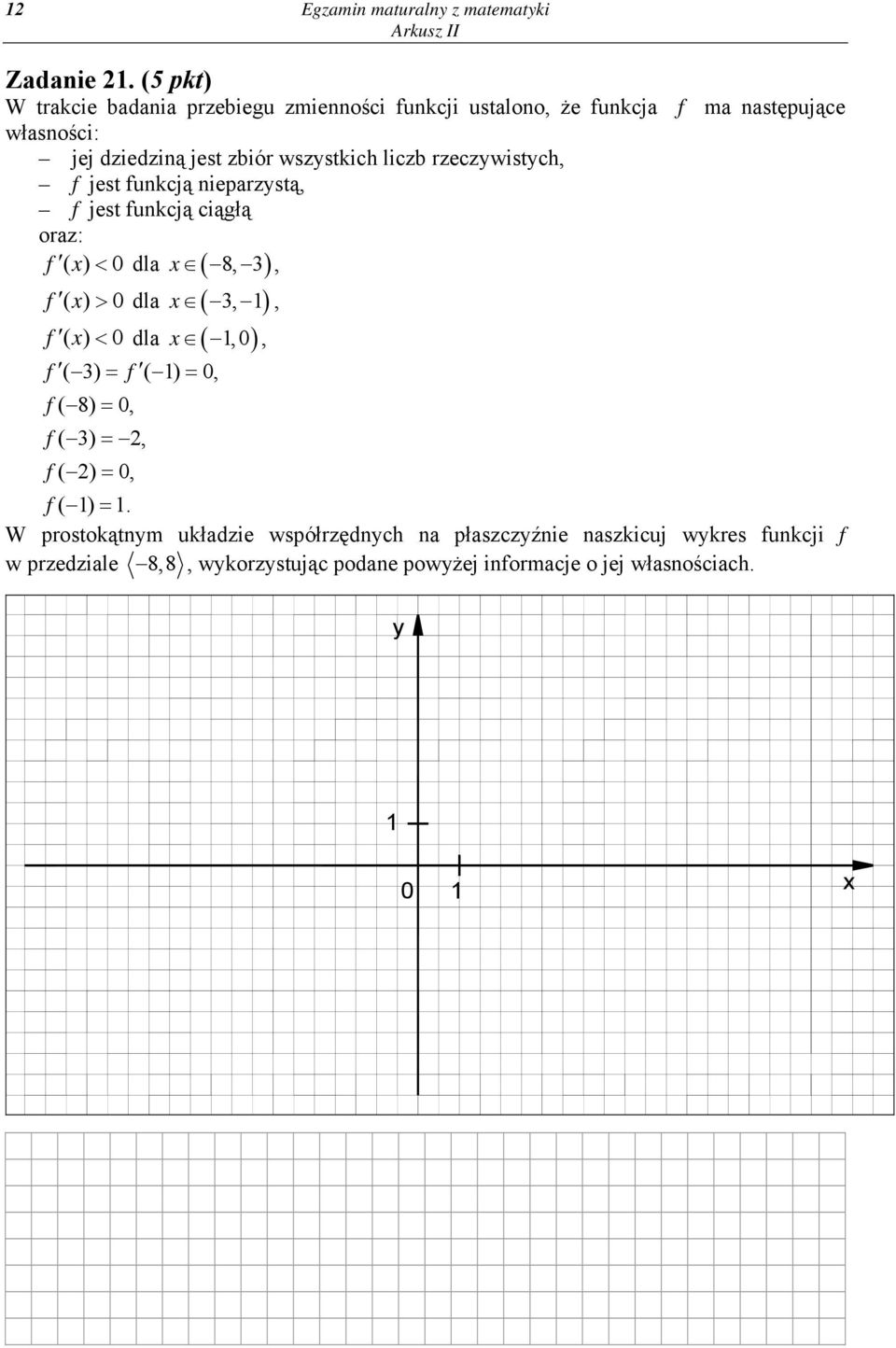 liczb rzeczywistych, f jest funkcją nieparzystą, f jest funkcją ciągłą oraz: f ( x) < 0 dla x ( 8, 3), f ( x) > 0 dla x ( 3, 1), f ( x) < 0 dla