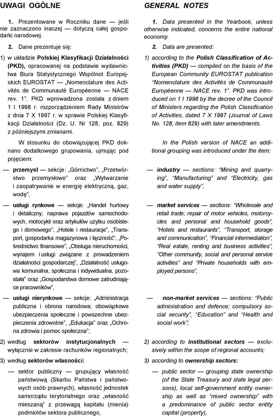 Data are presented: 1) w układzie Polskiej Klasyfikacji Działalności (PKD), opracowanej na podstawie wydawnictwa Biura Statystycznego Wspólnot Europejskich EUROSTAT Nomenclature des Activités de