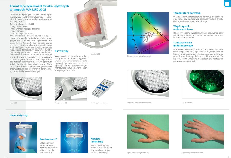 opartych na żarówkach halogenowych oraz lampach wyładowczych sie ze sobą szereg korzyści tj: bardzo mała emisja promieniowania cieplnego w strumieniu światła, możliwość regulowania temperatury