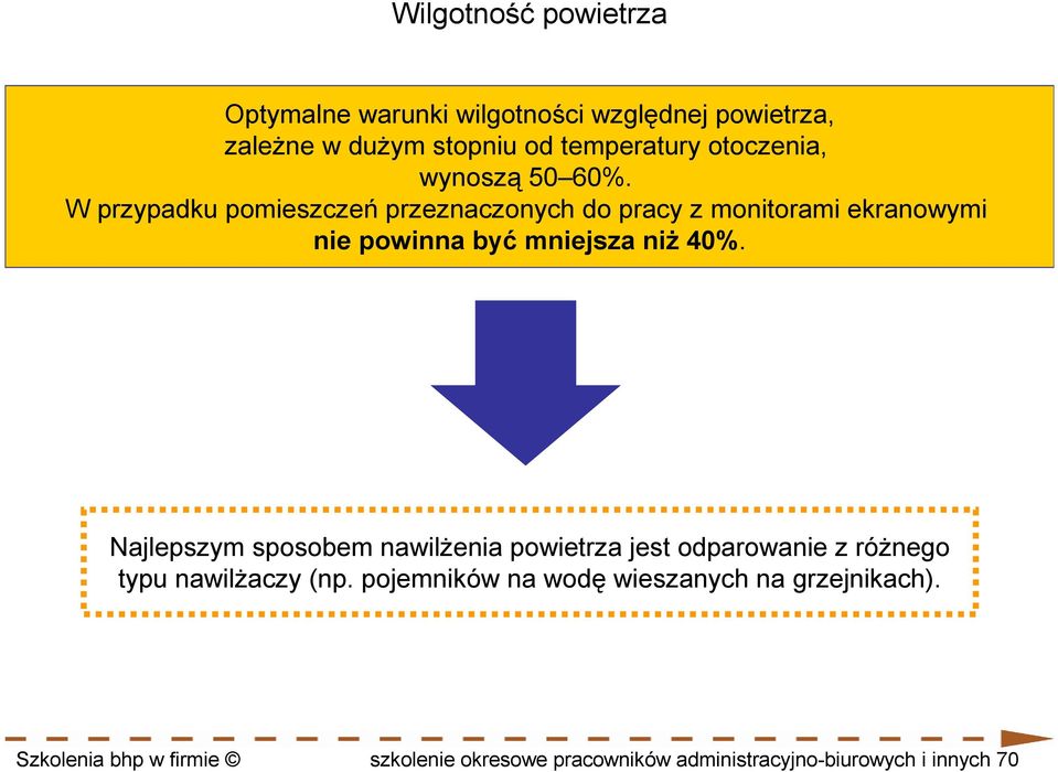 W przypadku pomieszczeń przeznaczonych do pracy z monitorami ekranowymi nie powinna być mniejsza niŝ 40%.