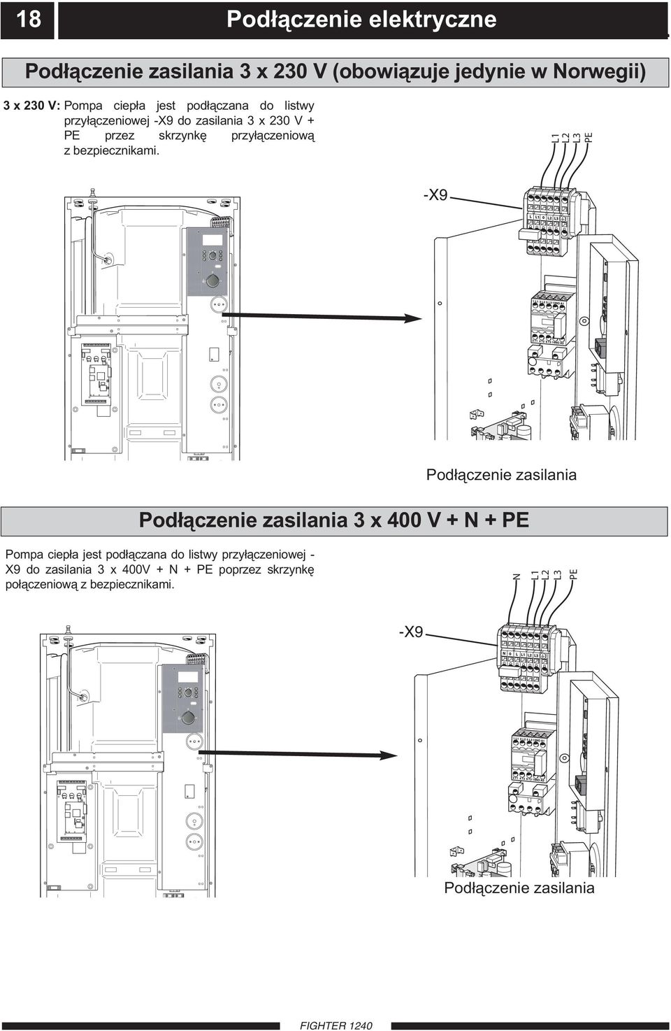 L1 L2 L3 PE -X9 Podłączenie zasilania Podłączenie zasilania 3 x 400 V + + PE Pompa ciepła jest podłączana do listwy