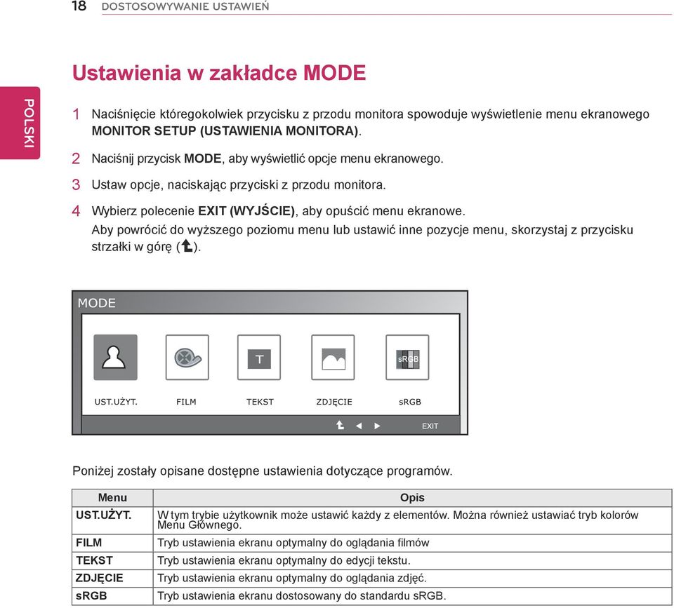 Aby powrócić do wyższego poziomu menu lub ustawić inne pozycje menu, skorzystaj z przycisku strzałki w górę ( ). Poniżej zostały opisane dostępne ustawienia dotyczące programów. Menu UST.UŻYT.