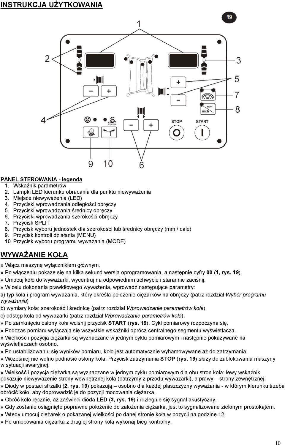 Przycisk wyboru jednostek dla szerokości lub średnicy obręczy (mm / cale) 9. Przycisk kontroli działania (MENU) 10.