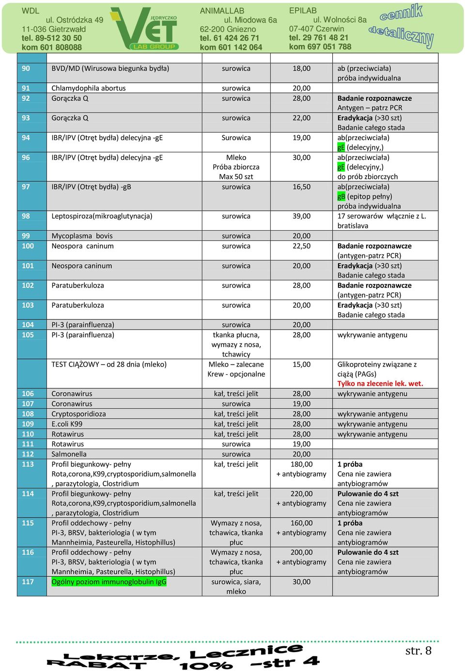 ab(przeciwciała) ge (delecyjny,) do prób zbiorczych 97 IBR/IPV (Otręt bydła) -gb 16,50 ab(przeciwciała) gb (epitop pełny) próba indywidualna 98 Leptospiroza(mikroaglutynacja) 39,00 17 serowarów