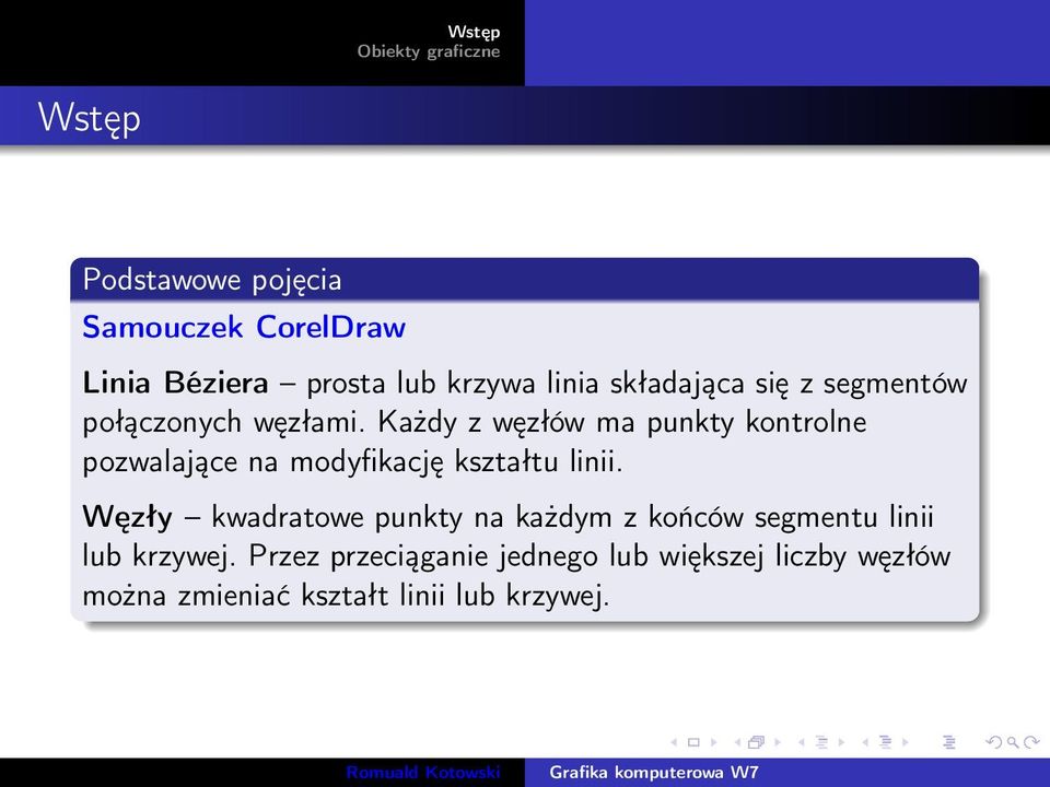 Każdy z węzłów ma punkty kontrolne pozwalające na modyfikację kształtu linii.