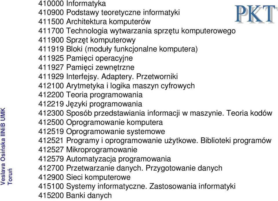 Przetworniki 412100 Arytmetyka i logika maszyn cyfrowych 412200 Teoria programowania 412219 Języki programowania 412300 Sposób przedstawiania informacji w maszynie.