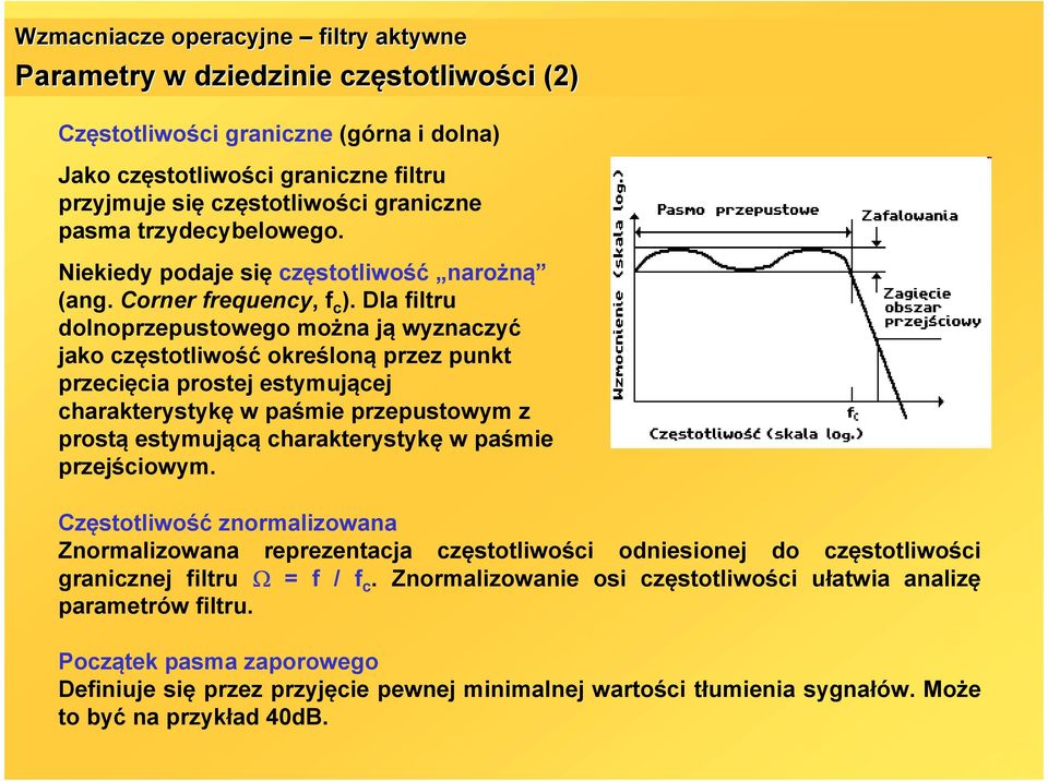 Dla filtru dolnoprzeputowego można ją wyznaczyć jako czętotliwość określoną przez punkt przecięcia protej etymującej charakterytykę w paśmie przeputowym z protą etymującą charakterytykę w