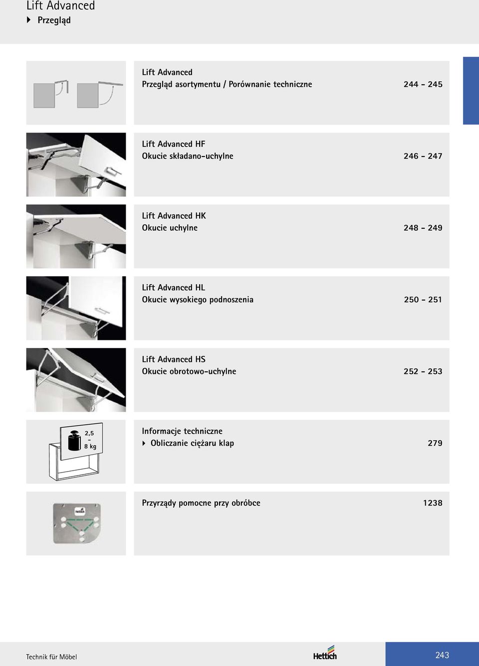 Okucie wysokiego podnoszenia 250 251 Lift dvanced HS Okucie obrotowouchylne 252 253 2,5 8 kg