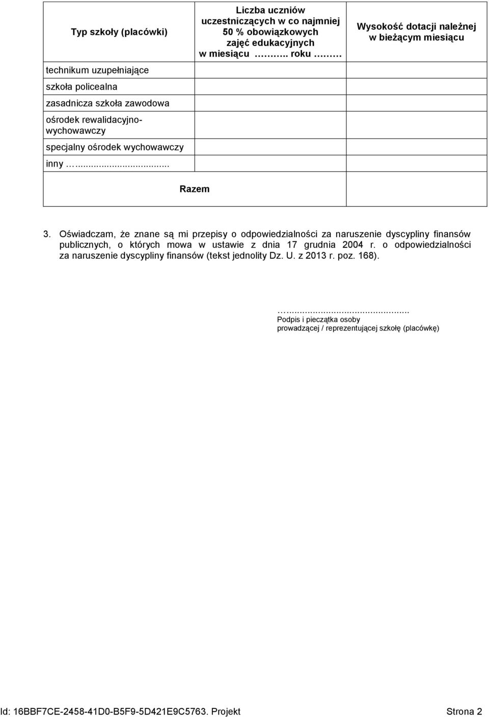 Oświadczam, że znane są mi przepisy o odpowiedzialności za naruszenie dyscypliny finansów publicznych, o których mowa w ustawie z dnia 17 grudnia 2004 r.