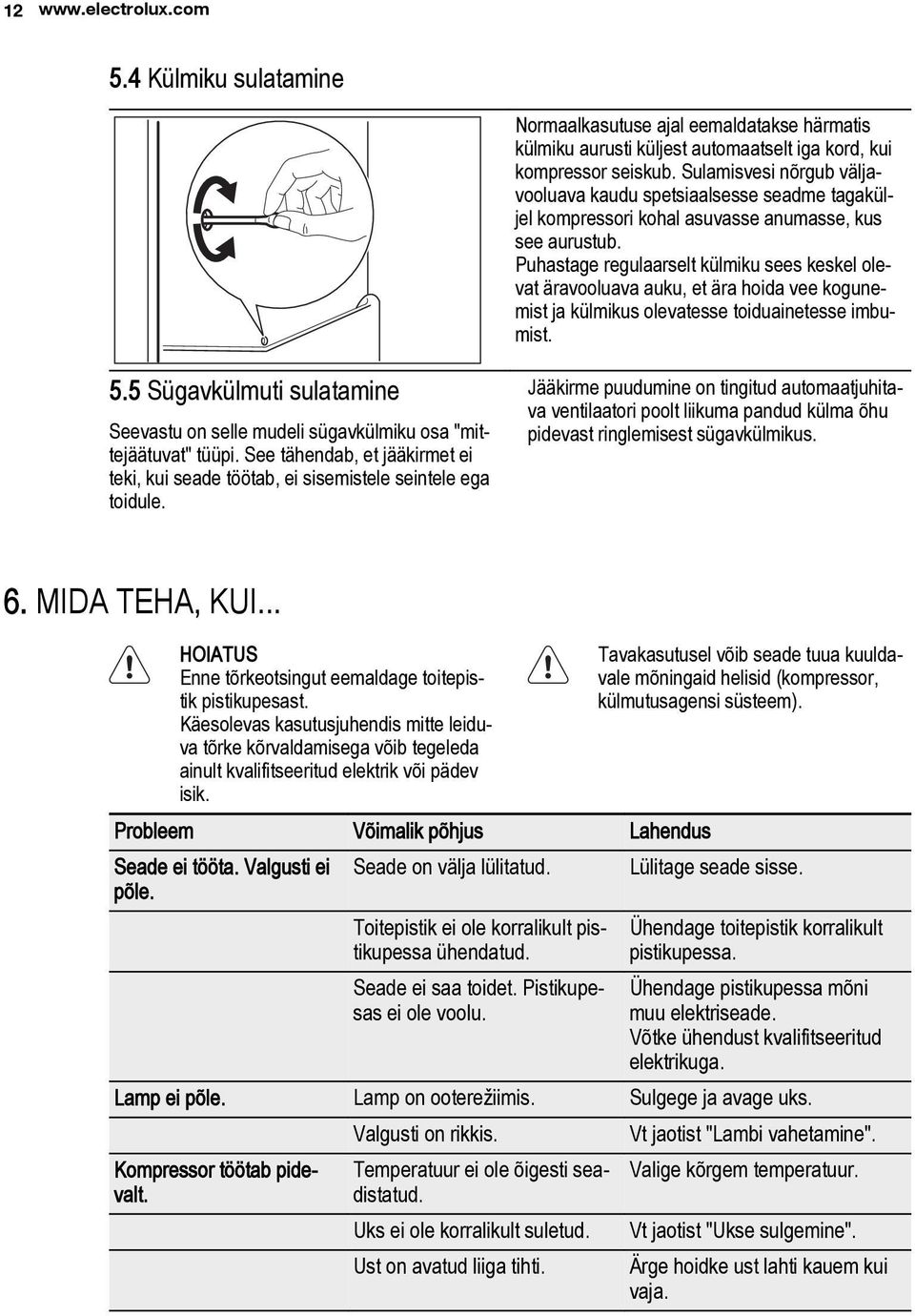 Puhastage regulaarselt külmiku sees keskel olevat äravooluava auku, et ära hoida vee kogunemist ja külmikus olevatesse toiduainetesse imbumist. 5.