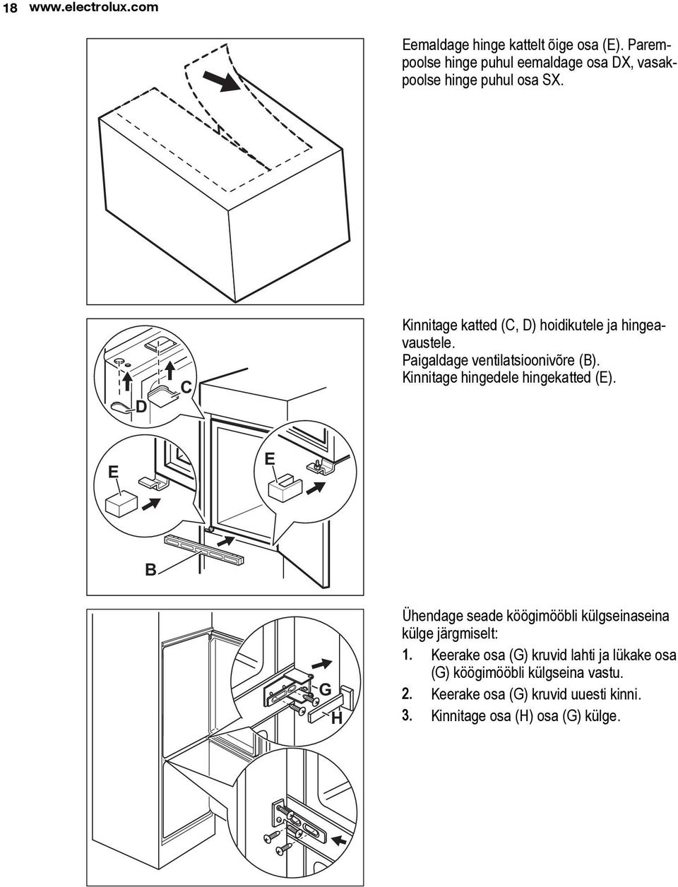 D C Kinnitage katted (C, D) hoidikutele ja hingeavaustele. Paigaldage ventilatsioonivõre (B).