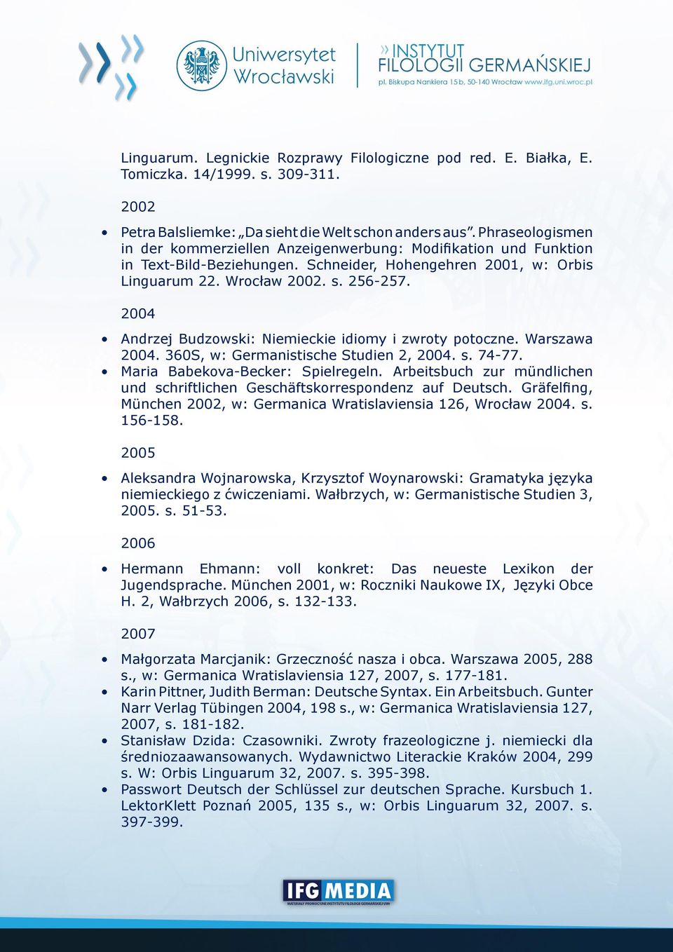 2004 Andrzej Budzowski: Niemieckie idiomy i zwroty potoczne. Warszawa 2004. 360S, w: Germanistische Studien 2, 2004. s. 74-77. Maria Babekova-Becker: Spielregeln.