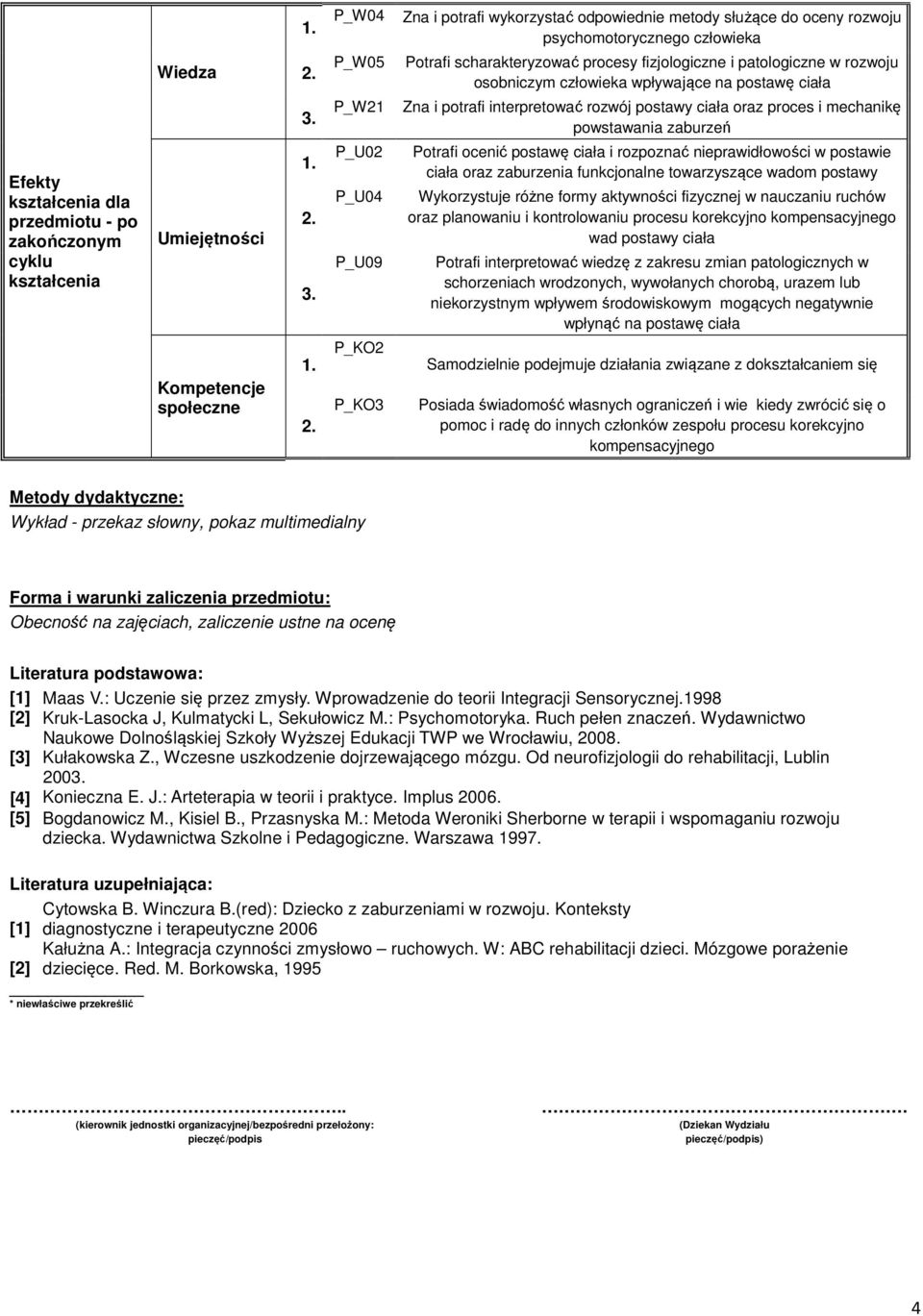 powstawania zaburzeń Potrafi ocenić postawę ciała i rozpoznać nieprawidłowości w postawie ciała oraz zaburzenia funkcjonalne towarzyszące wadom postawy Wykorzystuje różne formy aktywności fizycznej w