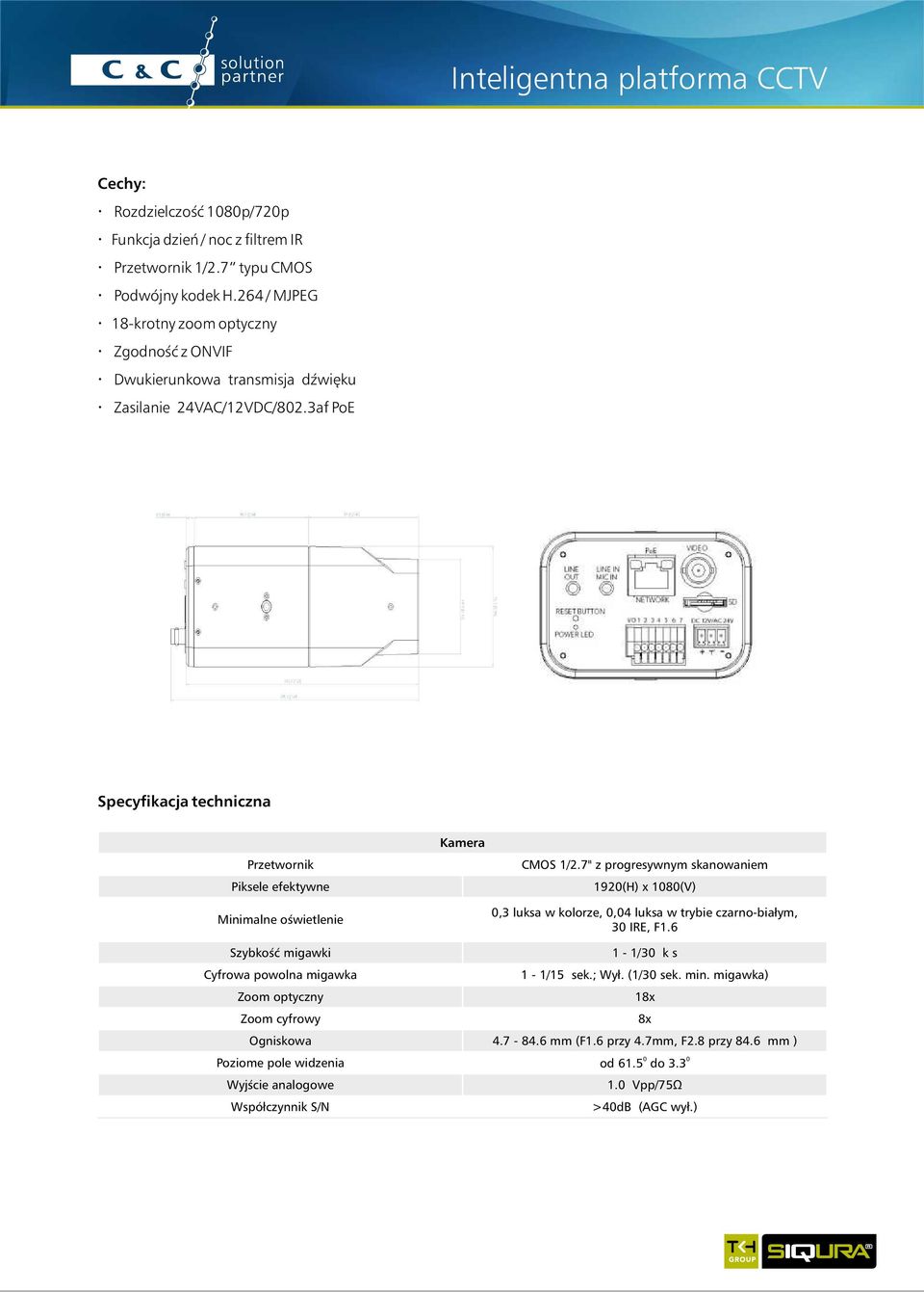 3af PoE Specyfikacja techniczna Przetwornik Piksele efektywne Minimalne oświetlenie Kamera CMOS 1/2.