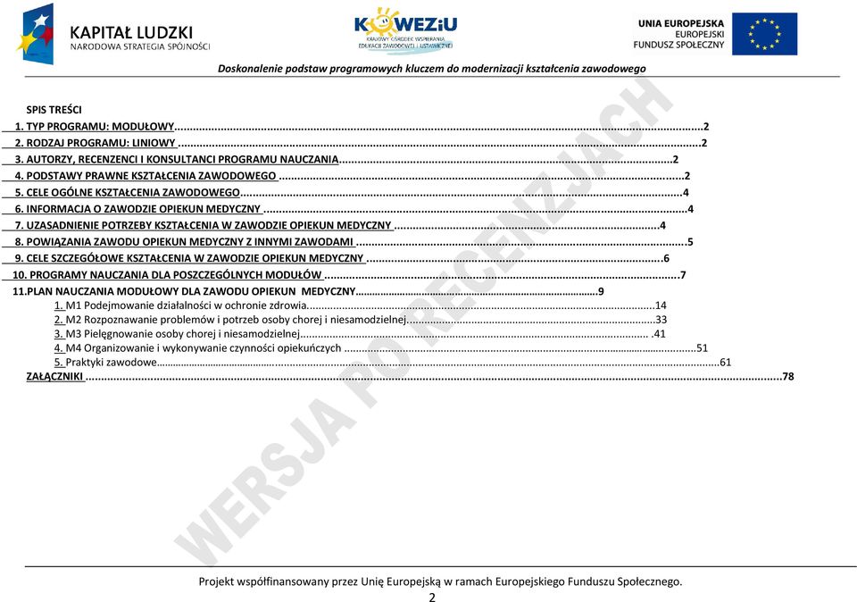 ..5 9. ELE SZZEGÓŁOWE KSZTAŁENIA W ZAWODZIE OIEKUN MEDYZNY...6 10. ROGRAMY NAUZANIA DLA OSZZEGÓLNYH MODUŁÓW...7 11.LAN NAUZANIA MODUŁOWY DLA ZAWODU OIEKUN MEDYZNY.9 1.