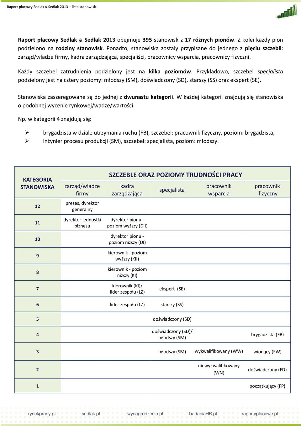 Każdy szczebel zatrudnienia podzielony jest na kilka poziomów. Przykładowo, szczebel specjalista podzielony jest na cztery poziomy: młodszy (SM), doświadczony (SD), starszy (SS) oraz ekspert (SE).