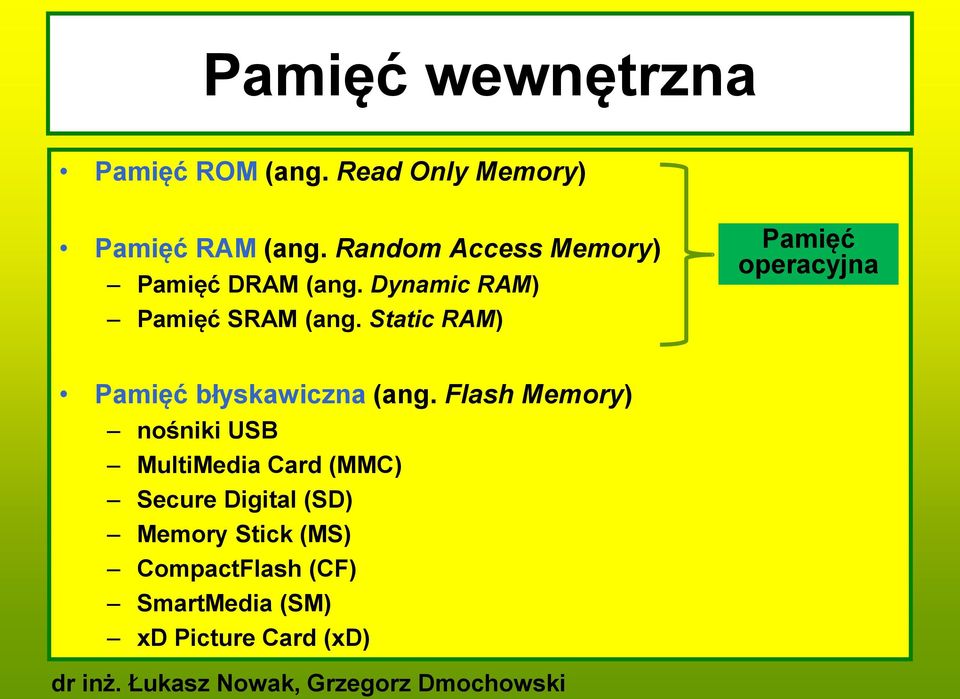 Static RAM) Pamięć operacyjna Pamięć błyskawiczna (ang.