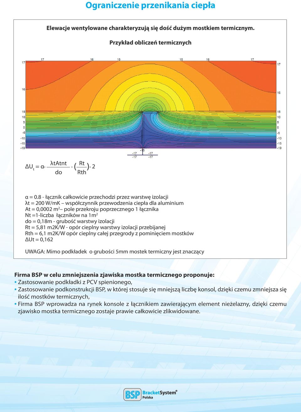 = 0,18m - grubość warstwy izolacji Rt = 5,81 m2kw - opór cieplny warstwy izolacji przebijanej Rth = 6,1 m2kw opór cieplny całej przegrody z pominięciem mostków ΔUt = 0,162 UWAGA: Mimo podkładek o