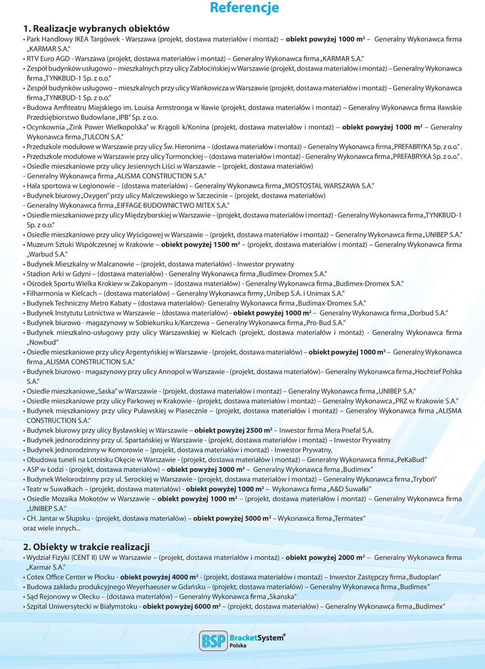 z o.o. Budowa Amfiteatru Miejskiego im. Louisa Armstronga w Iławie (projekt, dostawa materiałów i montaż) Generalny Wykonawca firma Iławskie Przedsiębiorstwo Budowlane IPB Sp. z o.o. Ocynkownia Zink Power Wielkopolska w Krągoli kkonina (projekt, dostawa materiałów i montaż) obiekt powyżej 0 m2 Generalny Wykonawca firma TULCON S.