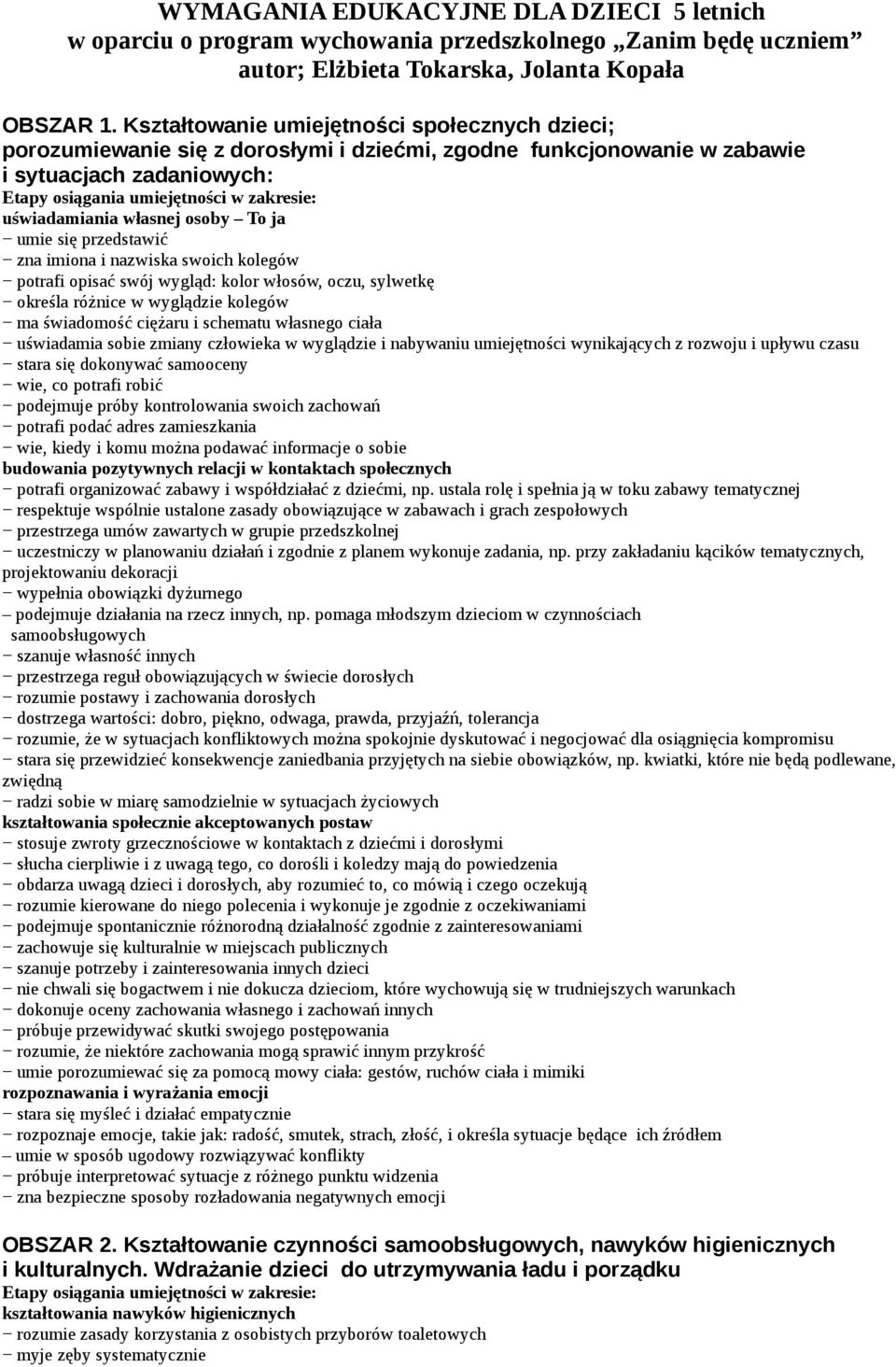 przedstawić zna imiona i nazwiska swoich kolegów potrafi opisać swój wygląd: kolor włosów, oczu, sylwetkę określa różnice w wyglądzie kolegów ma świadomość ciężaru i schematu własnego ciała