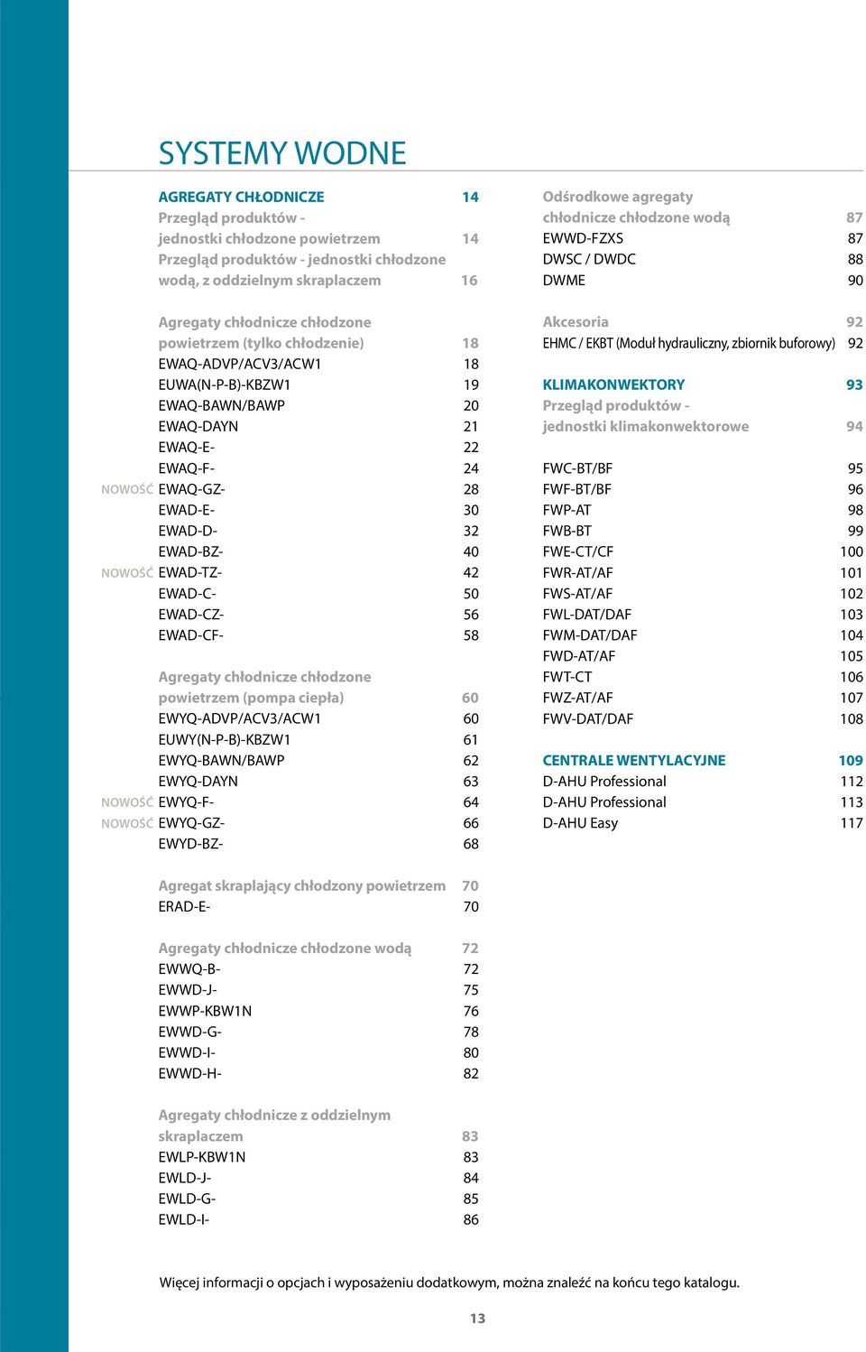 EWAD-BZ- 40 EWAD-TZ- 42 EWAD-C- 50 EWAD-CZ- 56 EWAD-CF- 58 Agregaty chłodnicze chłodzone powietrzem (pompa ciepła) 60 EWYQ-ADVP/ACV3/ACW1 60 EUWY(N-P-B)-KBZW1 61 EWYQ-BAWN/BAWP 62 EWYQ-DAYN 63
