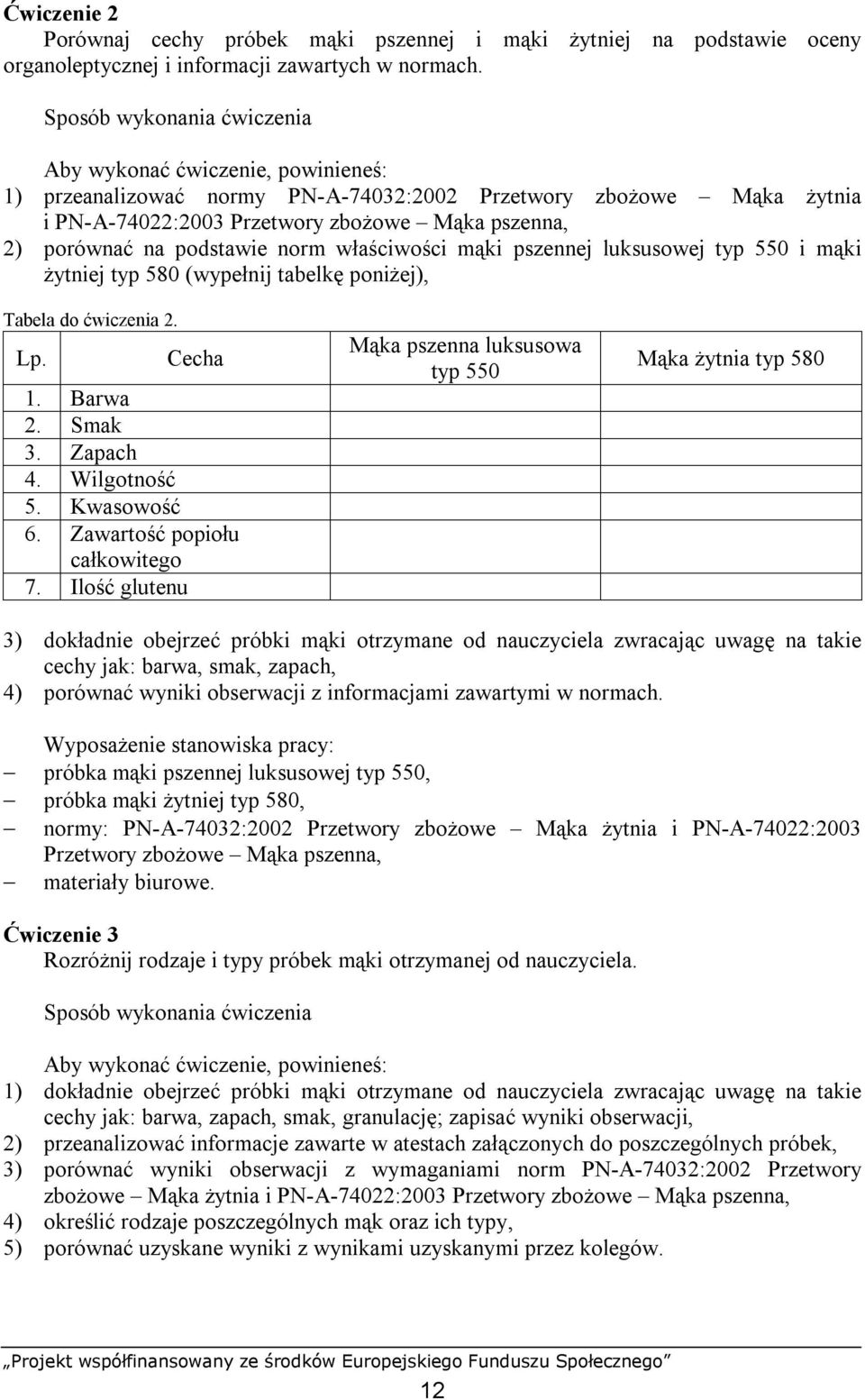 podstawie norm właściwości mąki pszennej luksusowej typ 550 i mąki żytniej typ 580 (wypełnij tabelkę poniżej), Tabela do ćwiczenia 2. Lp. Cecha 1. Barwa 2. Smak 3. Zapach 4. Wilgotność 5. Kwasowość 6.