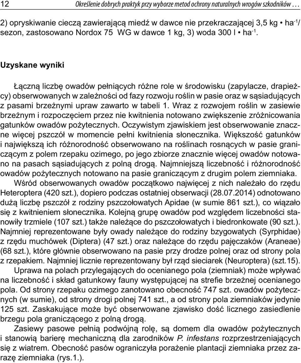 Uzyskane wyniki Łączną liczbę owadów pełniących różne role w środowisku (zapylacze, drapieżcy) obserwowanych w zależności od fazy rozwoju roślin w pasie oraz w sąsiadujących z pasami brzeżnymi upraw