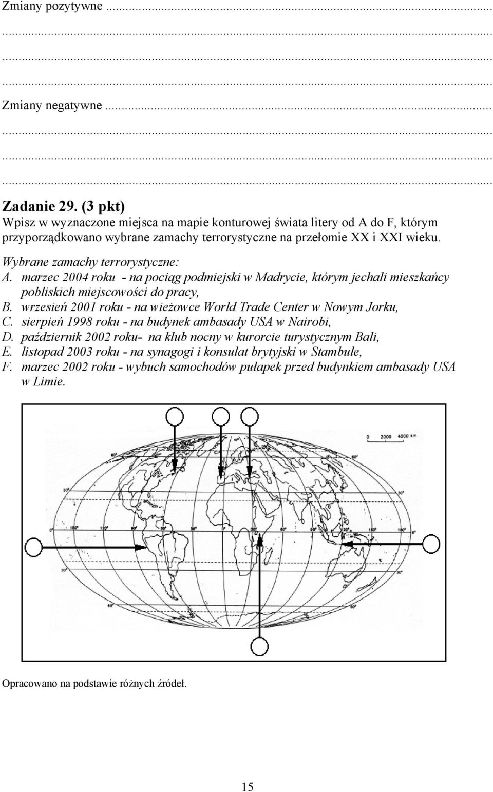 Wybrane zamachy terrorystyczne: A. marzec 2004 roku - na pociąg podmiejski w Madrycie, którym jechali mieszkańcy pobliskich miejscowości do pracy, B.