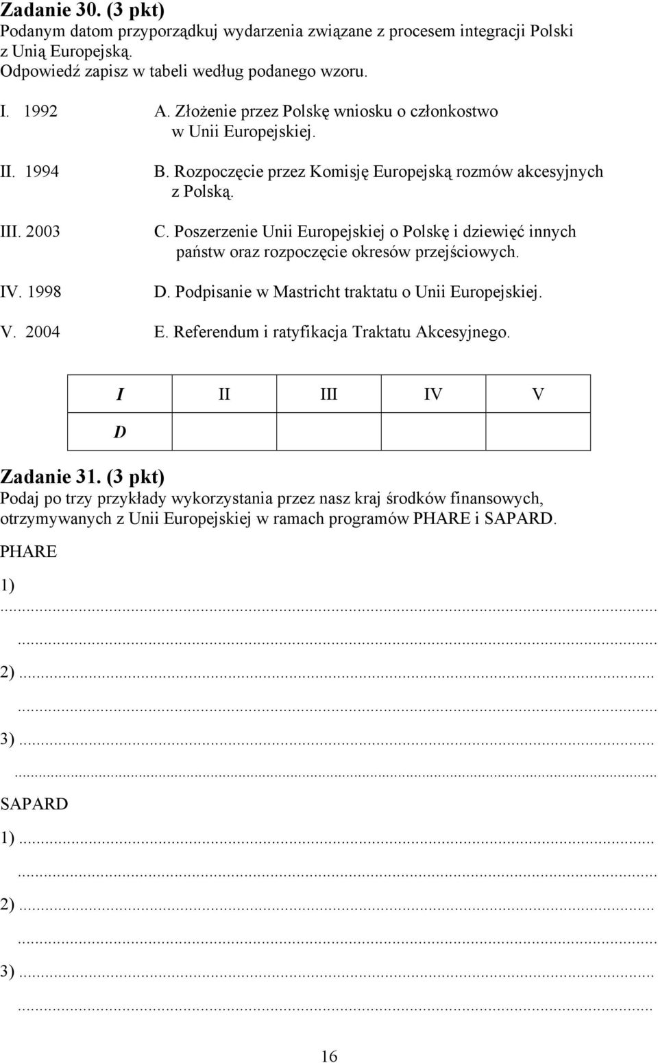 Poszerzenie Unii Europejskiej o Polskę i dziewięć innych państw oraz rozpoczęcie okresów przejściowych. D. Podpisanie w Mastricht traktatu o Unii Europejskiej. V. 2004 E.