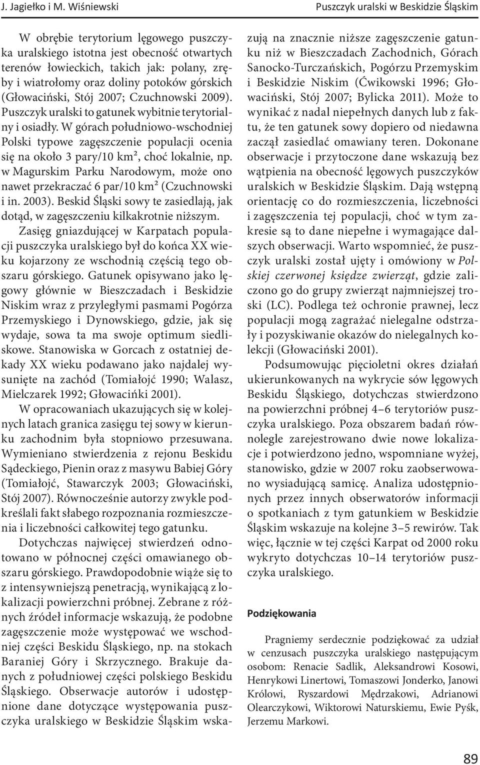doliny potoków górskich (Głowaciński, Stój 2007; Czuchnowski 2009). Puszczyk uralski to gatunek wybitnie terytorialny i osiadły.