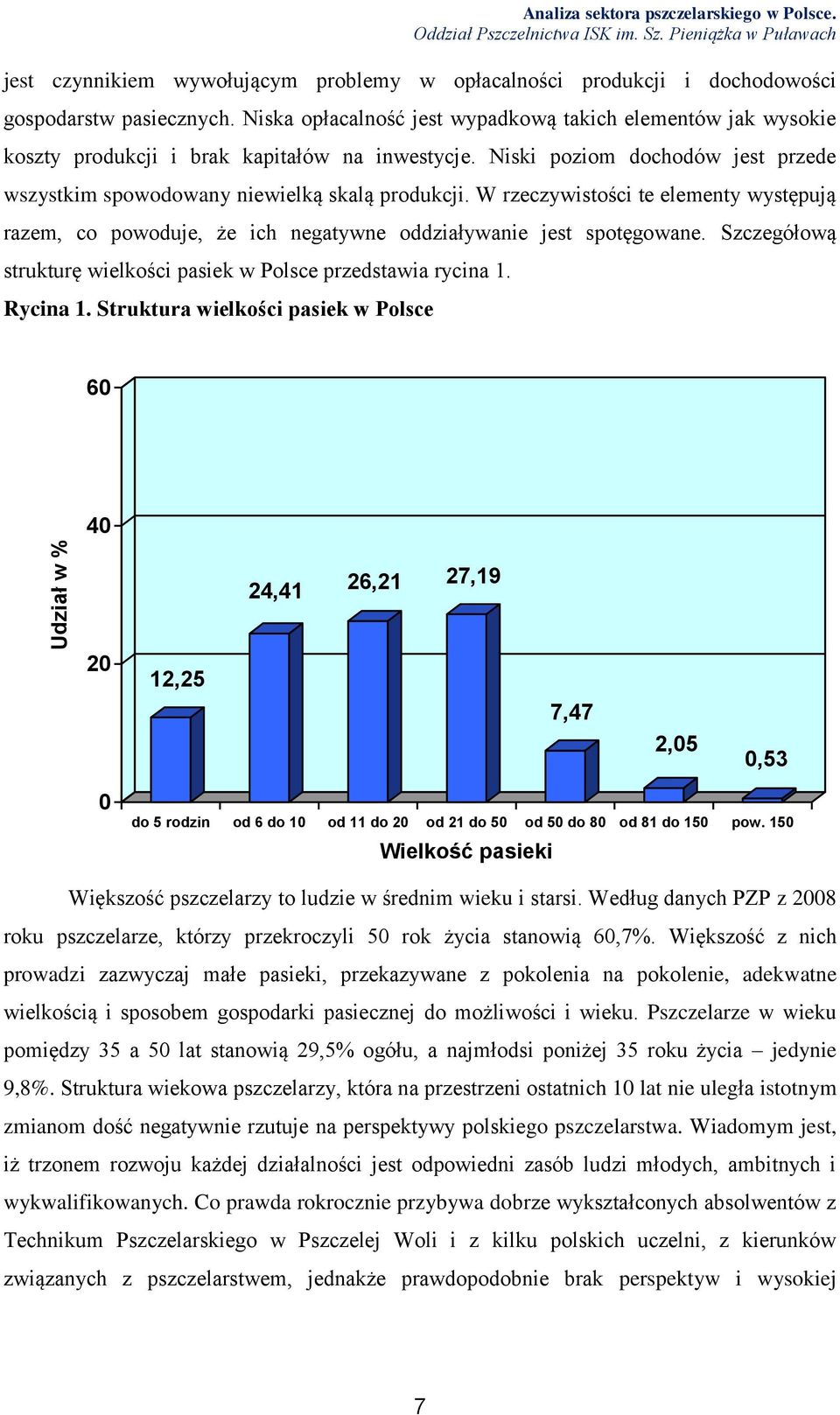 W rzeczywistości te elementy występują razem, co powoduje, że ich negatywne oddziaływanie jest spotęgowane. Szczegółową strukturę wielkości pasiek w Polsce przedstawia rycina 1. Rycina 1.