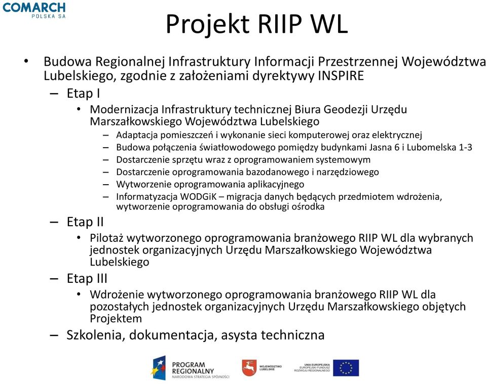 Lubomelska 1-3 Dostarczenie sprzętu wraz z oprogramowaniem systemowym Dostarczenie oprogramowania bazodanowego i narzędziowego Wytworzenie oprogramowania aplikacyjnego Informatyzacja WODGiK migracja