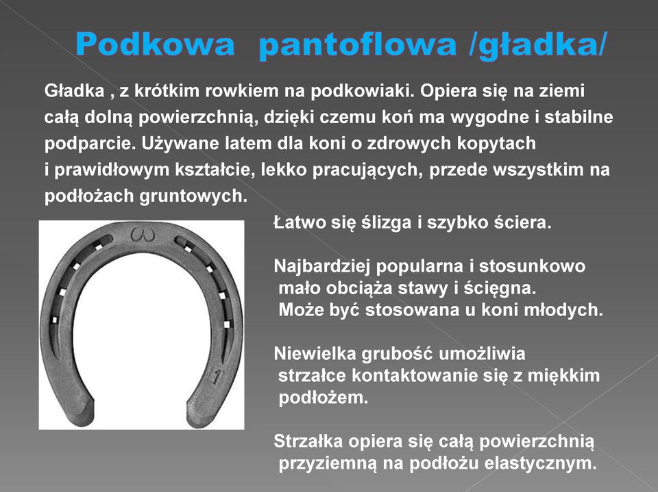 Łatwo się ślizga i szybko ściera. Najbardziej popularna i stosunkowo mało obciąża stawy i ścięgna. Może być stosowana u koni młodych.