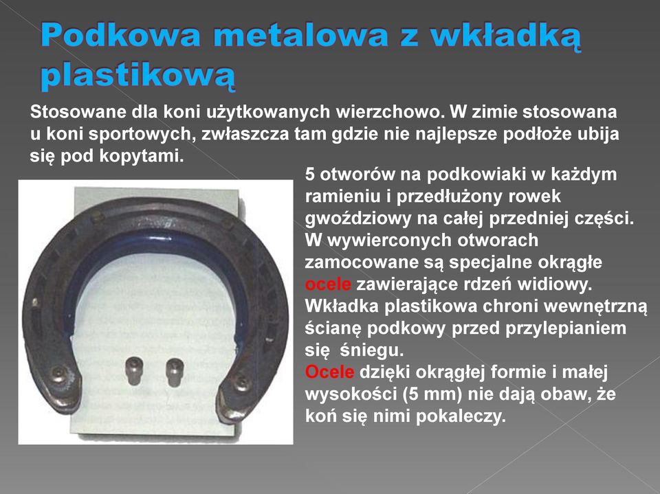 5 otworów na podkowiaki w każdym ramieniu i przedłużony rowek gwoździowy na całej przedniej części.