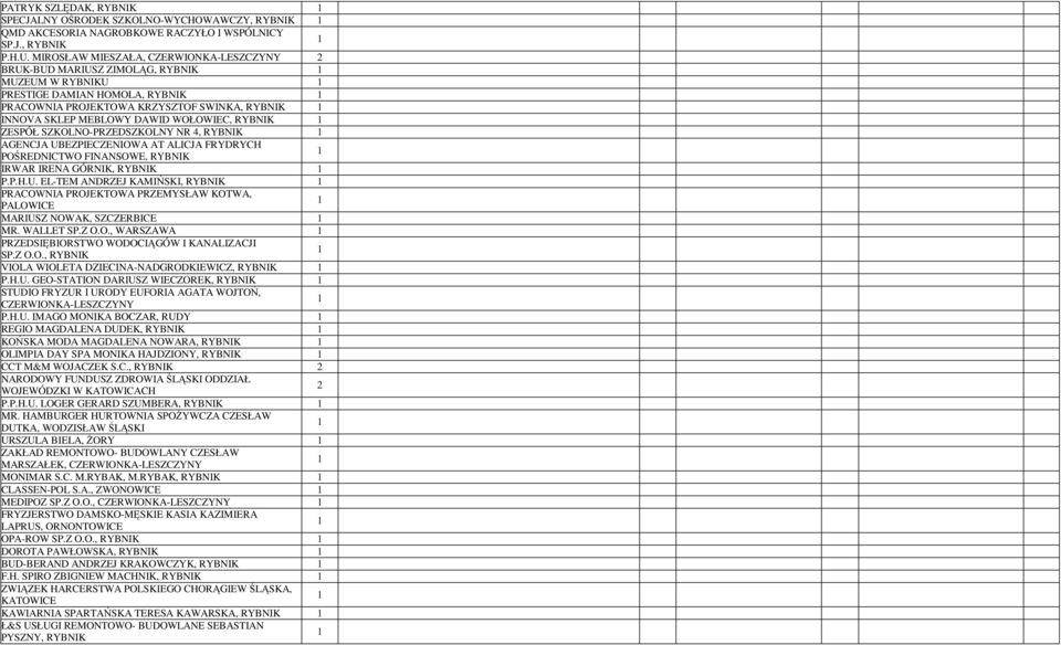 4, AGENCJA UBEZPIECZENIOWA AT ALICJA FRYDRYCH POŚREDNICTWO FINANSOWE, IRWAR IRENA GÓRNIK, P.P.H.U. EL-TEM ANDRZEJ KAMIŃSKI, PRACOWNIA PROJEKTOWA PRZEMYSŁAW KOTWA, PALOWICE MARIUSZ NOWAK, SZCZERBICE MR.