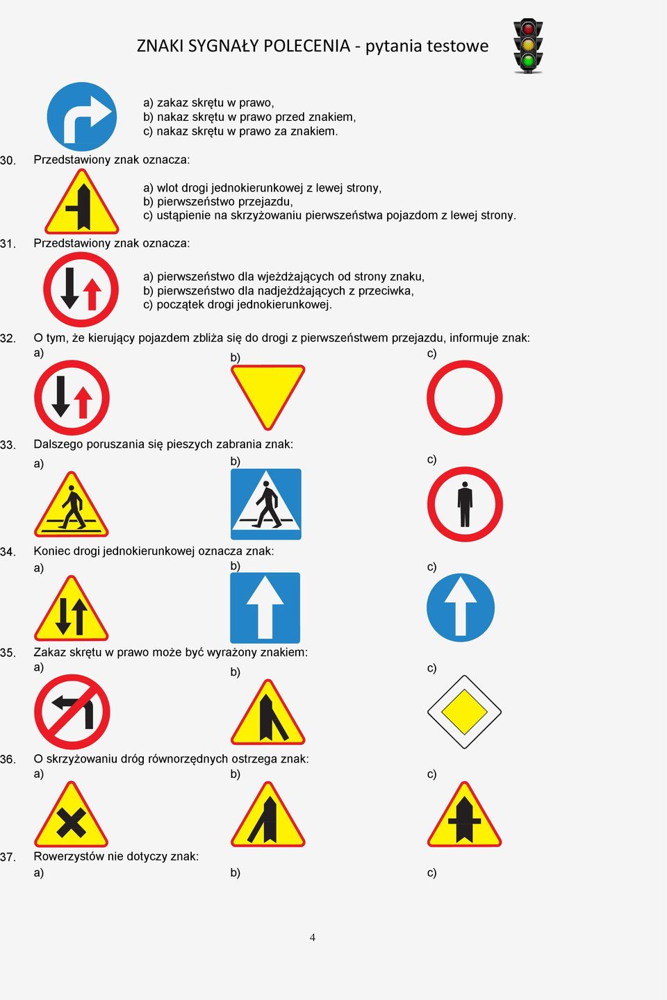 a) pierwszeństwo dla wjeżdżających od strony znaku, b) pierwszeństwo dla nadjeżdżających z przeciwka, c) początek drogi jednokierunkowej. 32.