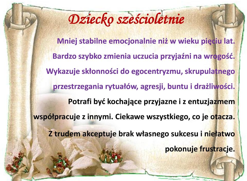 Wykazuje skłonności do egocentryzmu, skrupulatnego przestrzegania rytuałów, agresji, buntu i