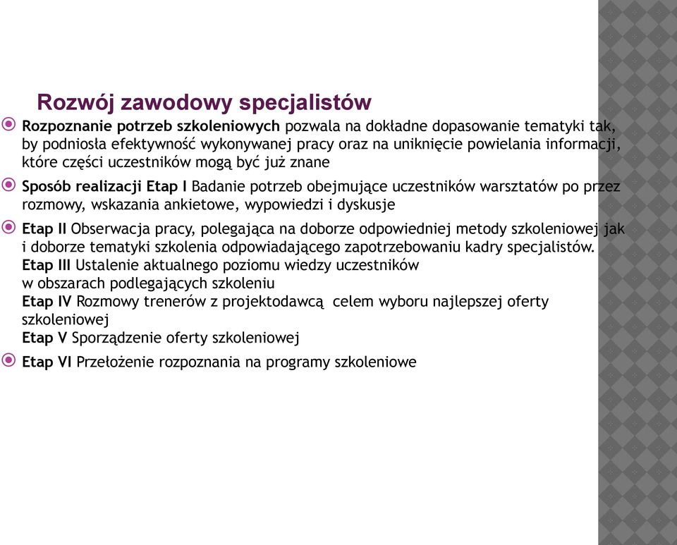 polegająca na doborze odpowiedniej metody szkoleniowej jak i doborze tematyki szkolenia odpowiadającego zapotrzebowaniu kadry specjalistów.