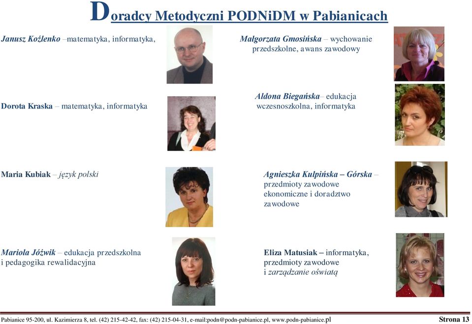 zawodowe ekonomiczne i doradztwo zawodowe Mariola Jóźwik edukacja przedszkolna i pedagogika rewalidacyjna Eliza Matusiak informatyka, przedmioty