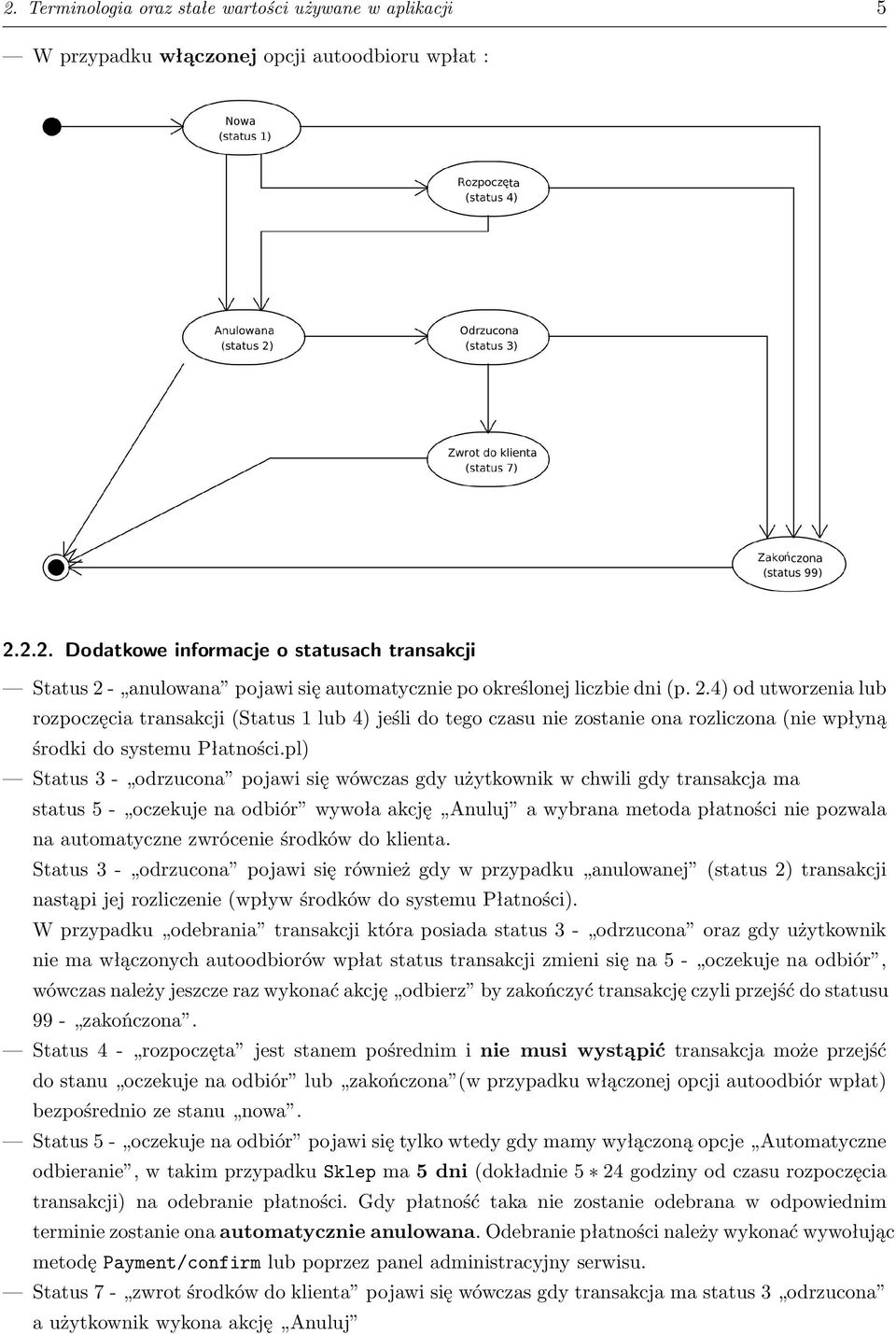 pl) Status 3 - odrzucona pojawi się wówczas gdy użytkownik w chwili gdy transakcja ma status 5 - oczekuje na odbiór wywoła akcję Anuluj a wybrana metoda płatności nie pozwala na automatyczne