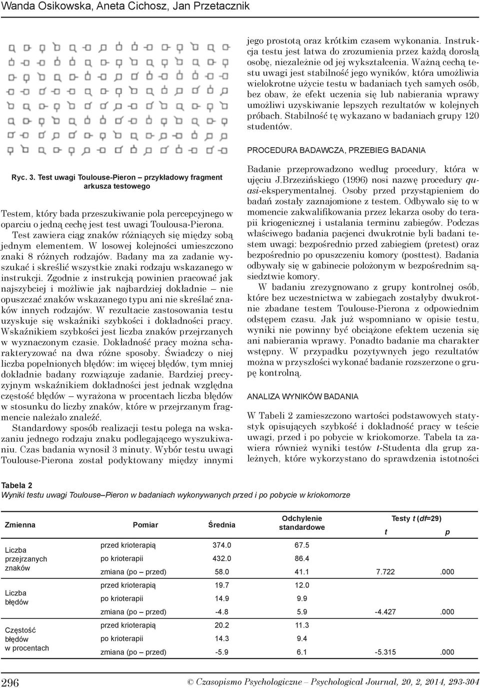 lepszych rezultatów w kolejnych próbach. Stabilność tę wykazano w badaniach grupy 120 studentów. PROCEDURA BADAWCZA, PRZEBIEG BADANIA Ryc. 3.