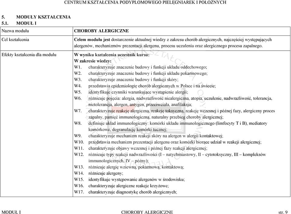 alergenów, mechanizmów prezentacji alergenu, procesu uczulenia oraz alergicznego procesu zapalnego. W wyniku kształcenia uczestnik kursu: W zakresie wiedzy: W1.